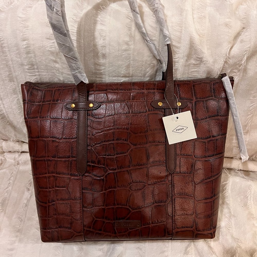 NWT Fossil Faux Crocodile Brown Leather Shoulder Tote Bag